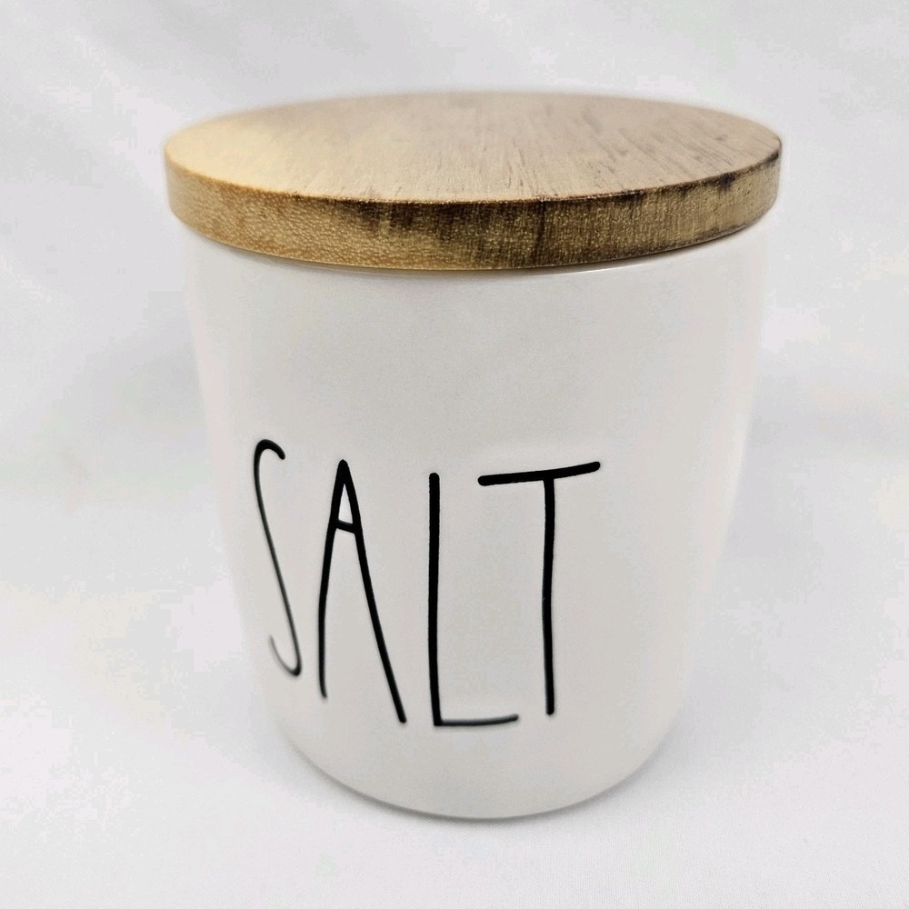 Rae Dunn Ceramic Salt Cellar Canister with Wooden Lid Farmhouse Decor White
